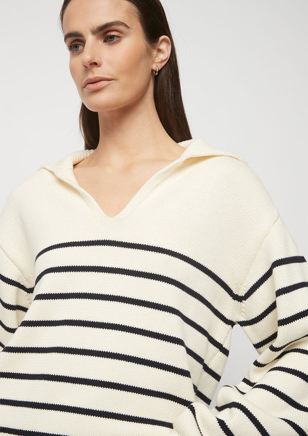 FRIEND of AUDREY Collared Cotton Striped Knit Top