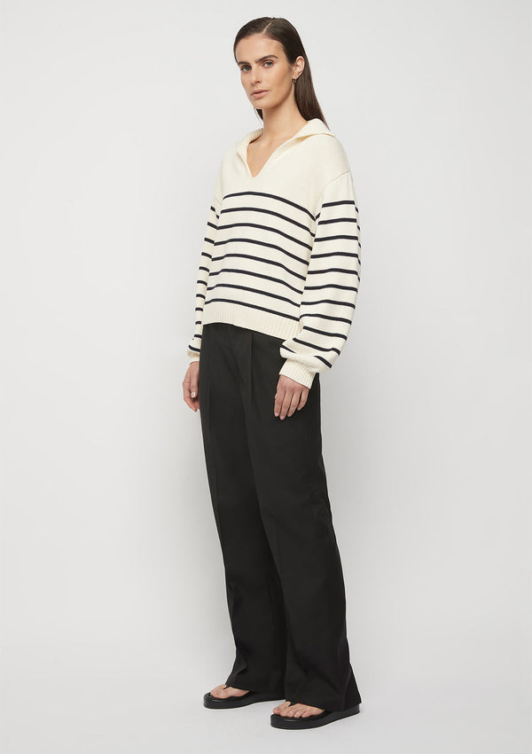 FRIEND of AUDREY Collared Cotton Striped Knit Top