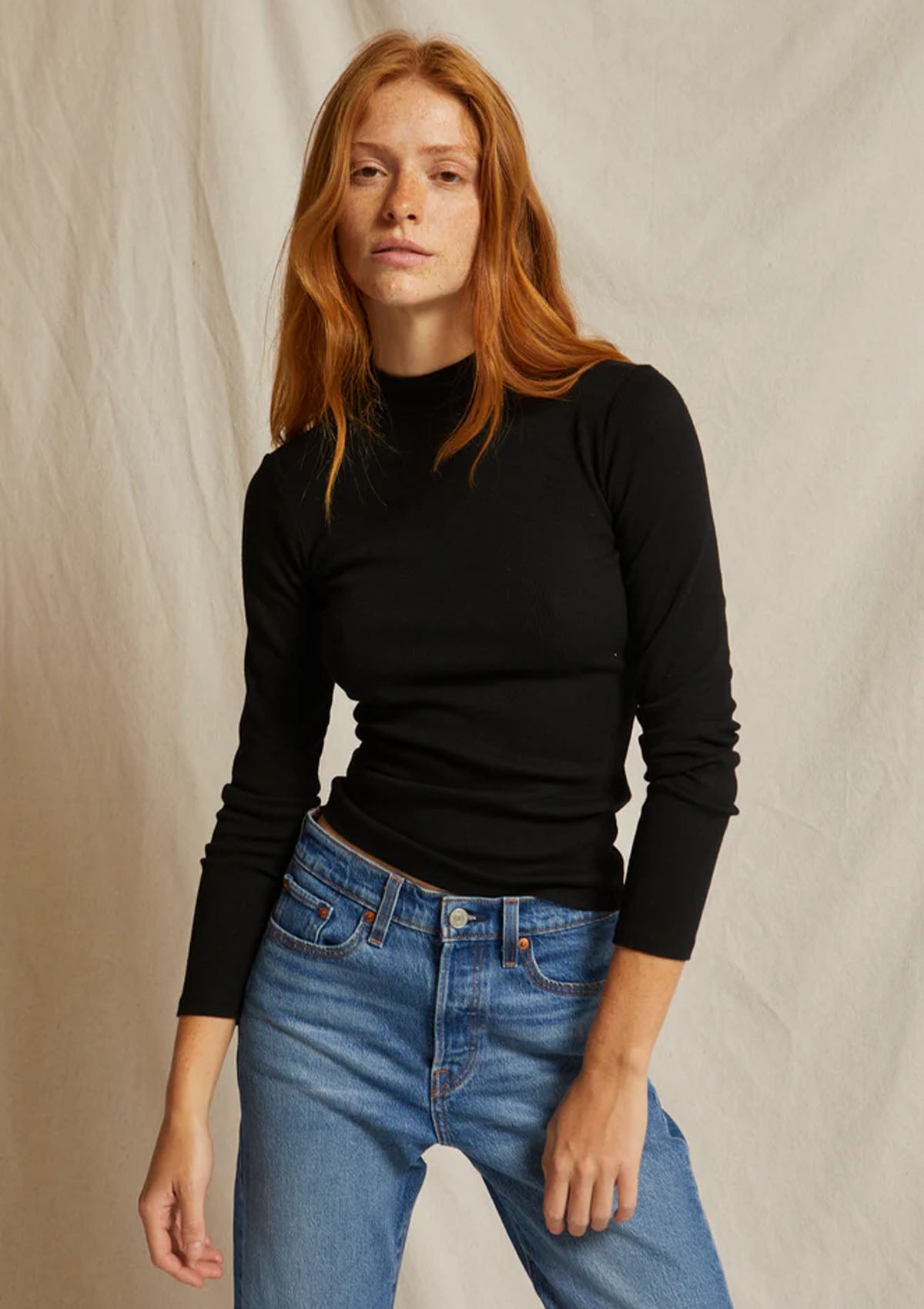 Perfect White Tee Lauryn Mock Neck Rib Long Sleeve – Khlassik