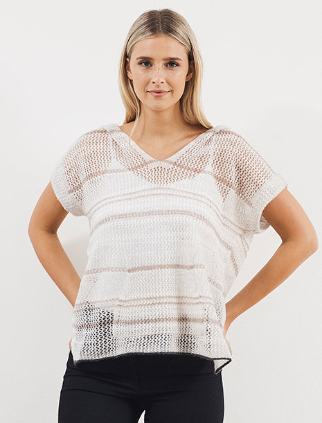 White & Warren Cashmere Mesh Striped Hoodie