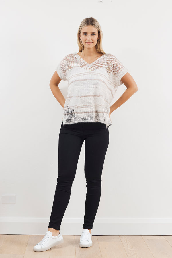 White & Warren Cashmere Mesh Striped Hoodie