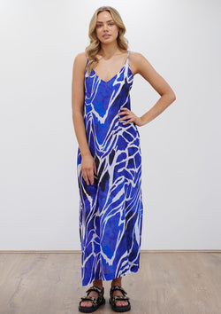 Mela Purdie Lagoon Silk Print Crystal Maxi Dress