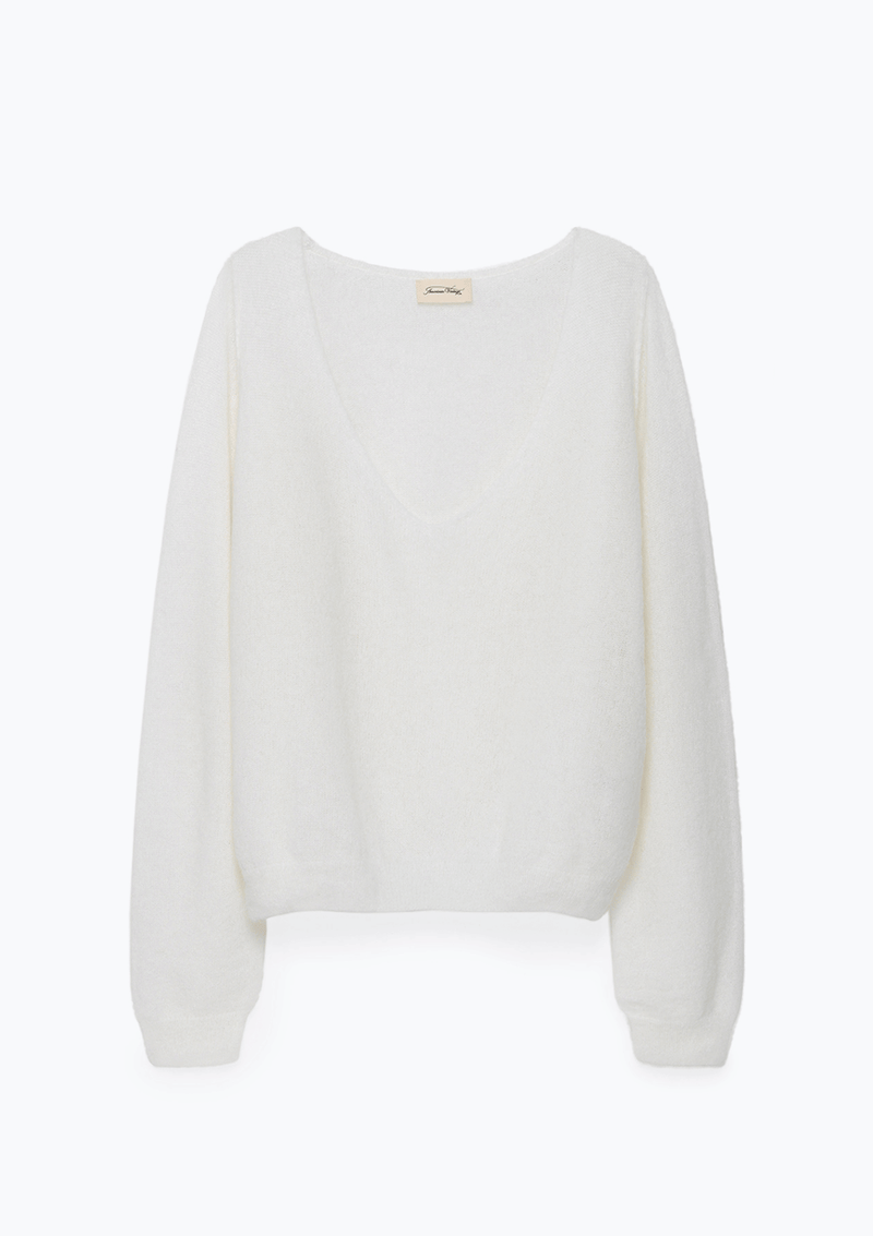 American Vintage V Collar LS Bubble Sweater White