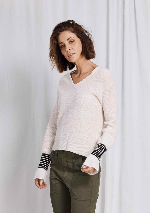 W&W Cinched Cuff V Neck Sweater