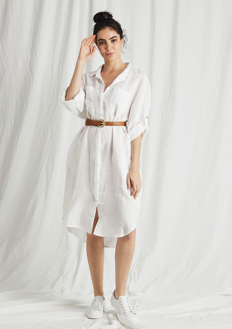 white linen shirt dress australia A-line Short Sleeve Shirt Dress in White Linen